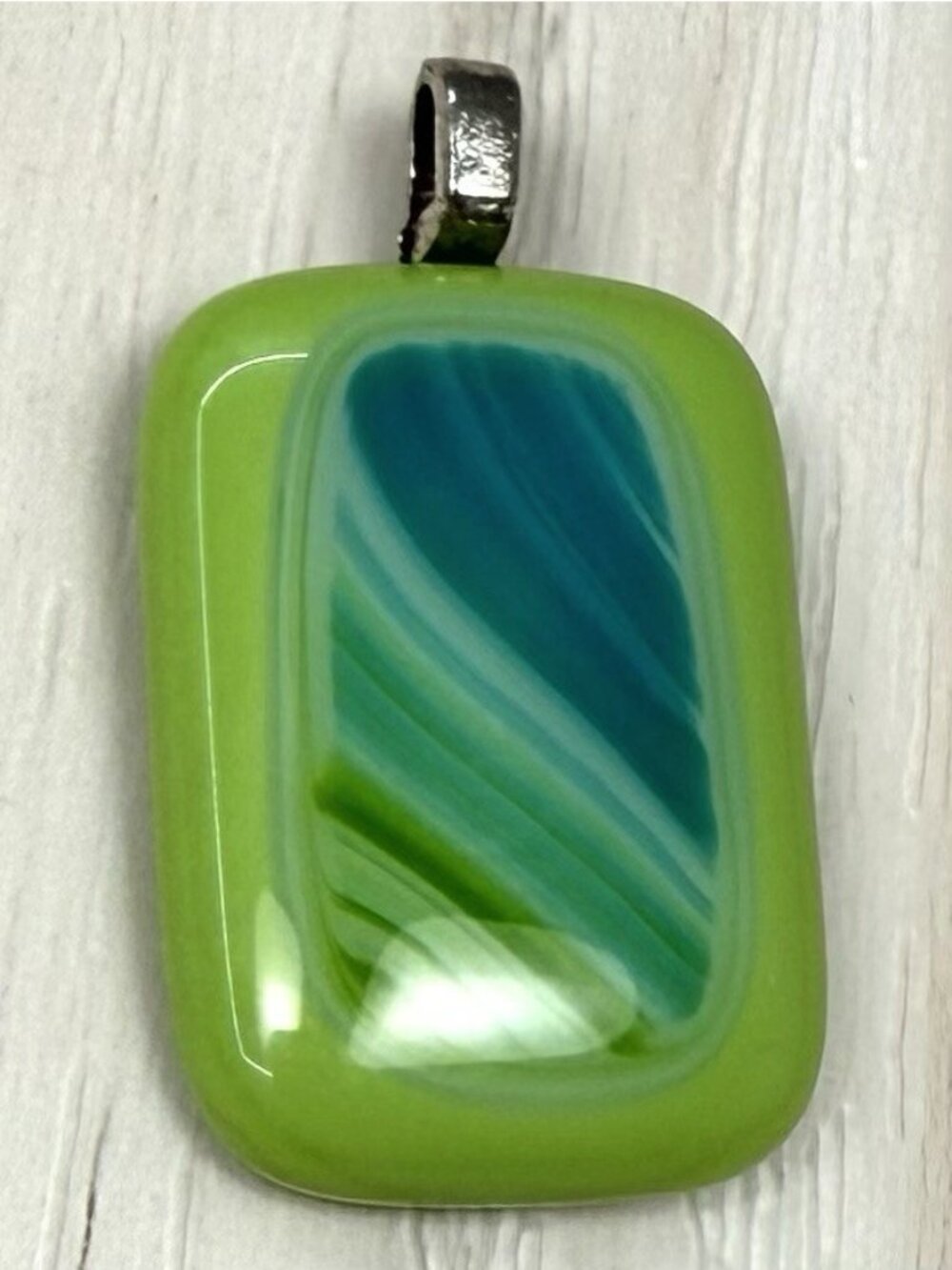 1" Lime Green Aqua Blue Swirl Fused Glass Rectangular PENDANT Jewelry Silvertone